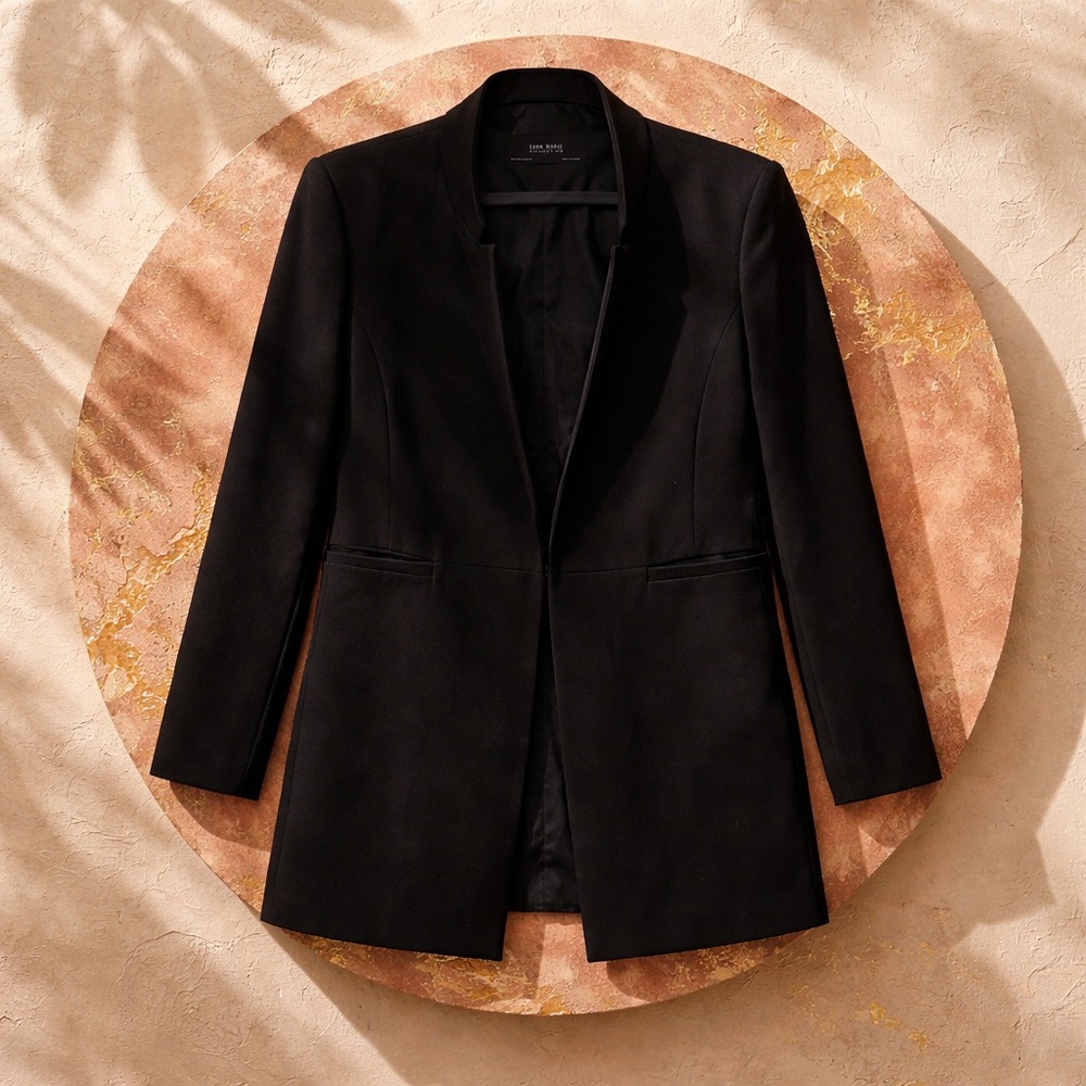 Zara Basic Collection Black Collarless Open Front… - image 1